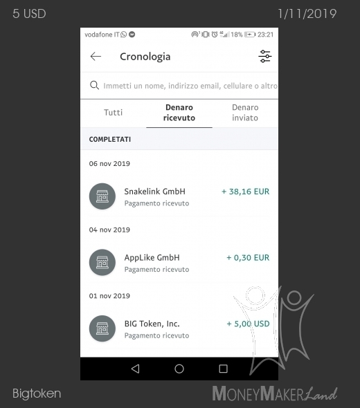 Pagamento 1 per Bigtoken 