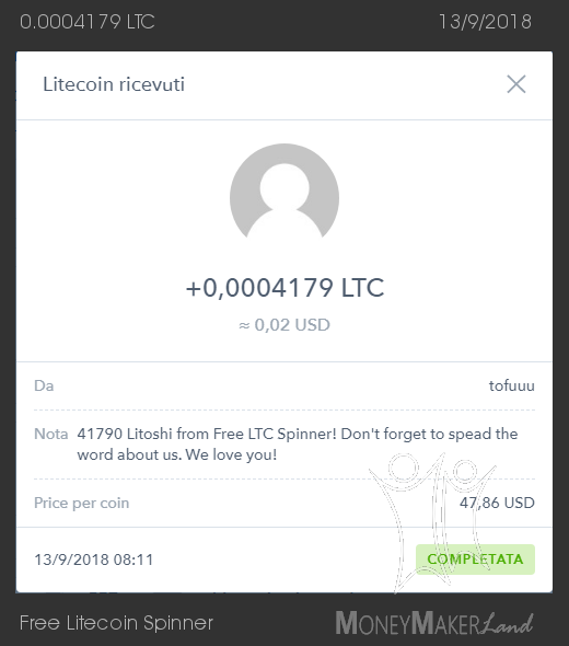 Payment 30 for Free Litecoin Spinner