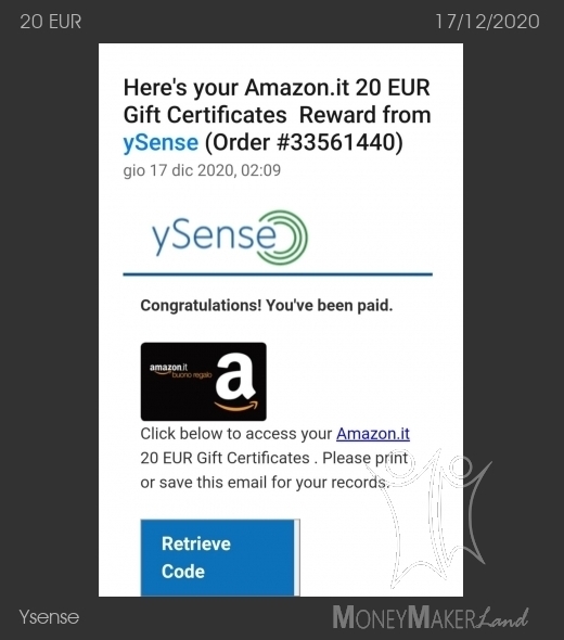 Pagamento 2765 per Ysense