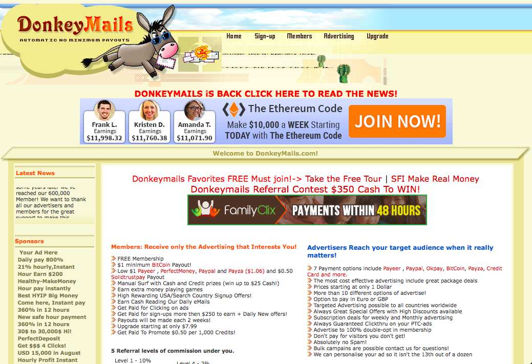 How to make money online e how to get free referrals with Donkeymails