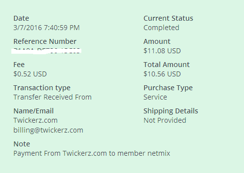 Payment 16 for Twickerz