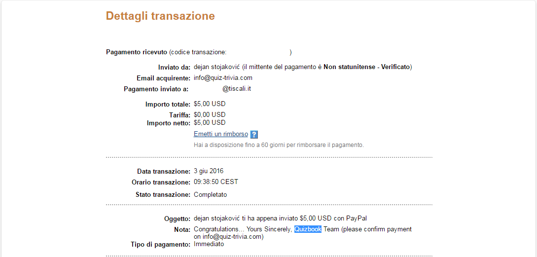 Payment 1 for Quizbook