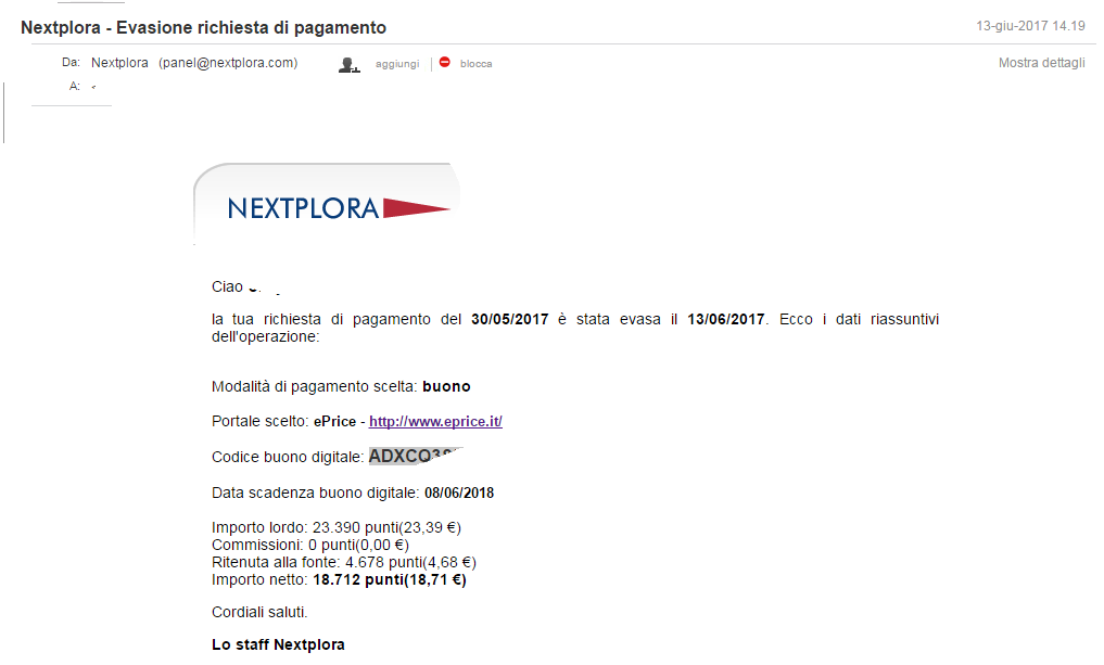 Pagamento 25 per Nextplora